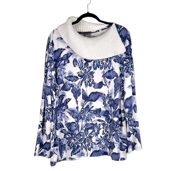 Chico's Super Soft Cowl Neck Long Sleeve Blue & White Floral Top Size XL - Picture 1 of 6